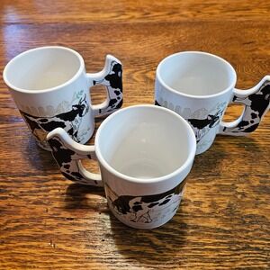 Vintage Cow Shaped Handle Ceramic Coffee Mugs Set of 3 Farmhouse Holstein Bovine